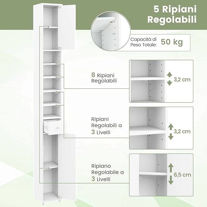 Armadio da Terra Alto, Mobile Colonna Bagno con 2 Ante 1 Cassetto e 5 Ripiani Regolabili, Mobile Bagno Salvaspazio per Bagno Soggiorno Camera da Letto, 20x20x180cm (Bianco)