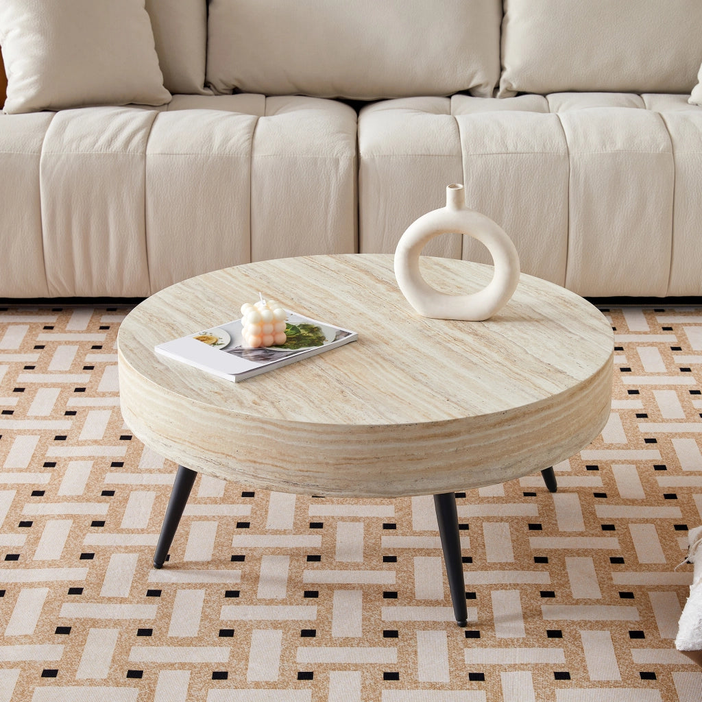 TAVOLINO DA CAFFÈ Rotondo 70 cm MDF effetto travertino chiaro, gambe nere