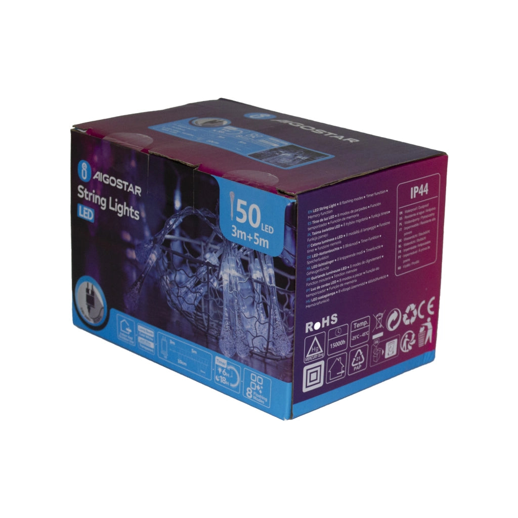 CATENA LUMINOSA GOCCIA AIGOSTAR 50 LED BIANCO FREDDO