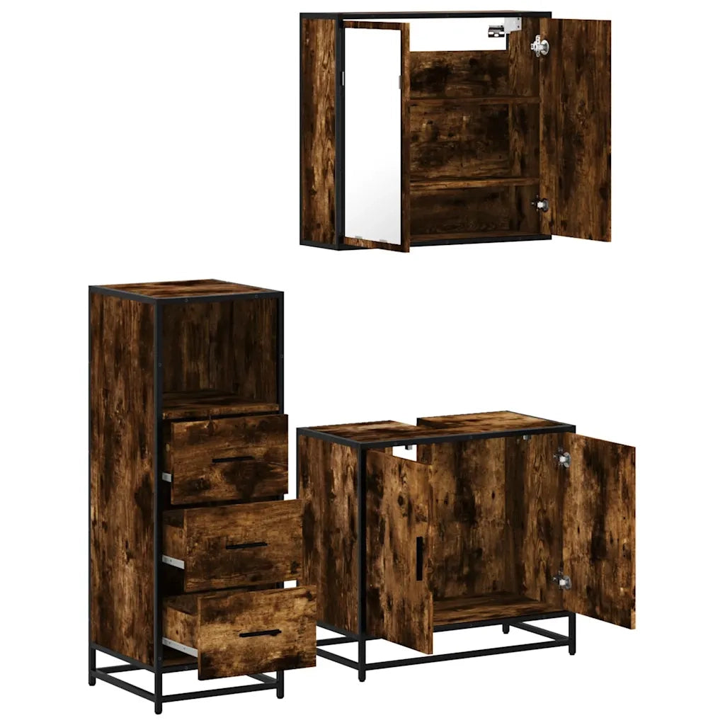 Set Mobili da Bagno 3 pz Rovere Fumo in Legno Multistrato 3301007