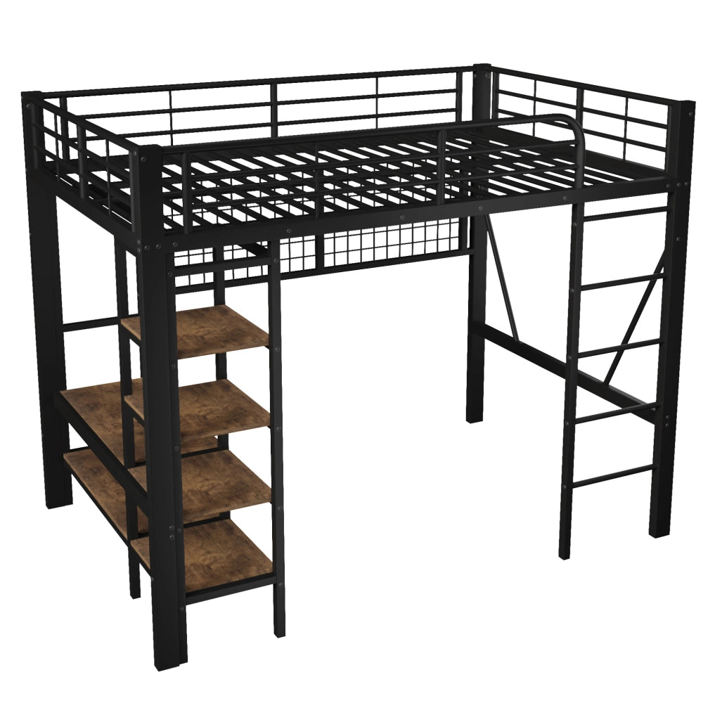 Letto a soppalco 140x200 cm con luce LED; vano aperto; ferro e MDF; nero