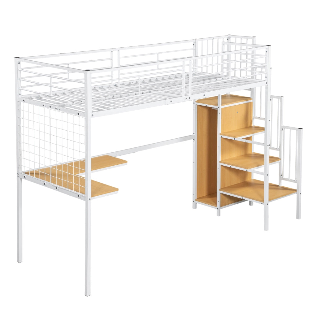 LETTO A CASTELLO IN METALLO CON ARMADIO INTEGRATO 90x200 cm BIANCO/NATURA