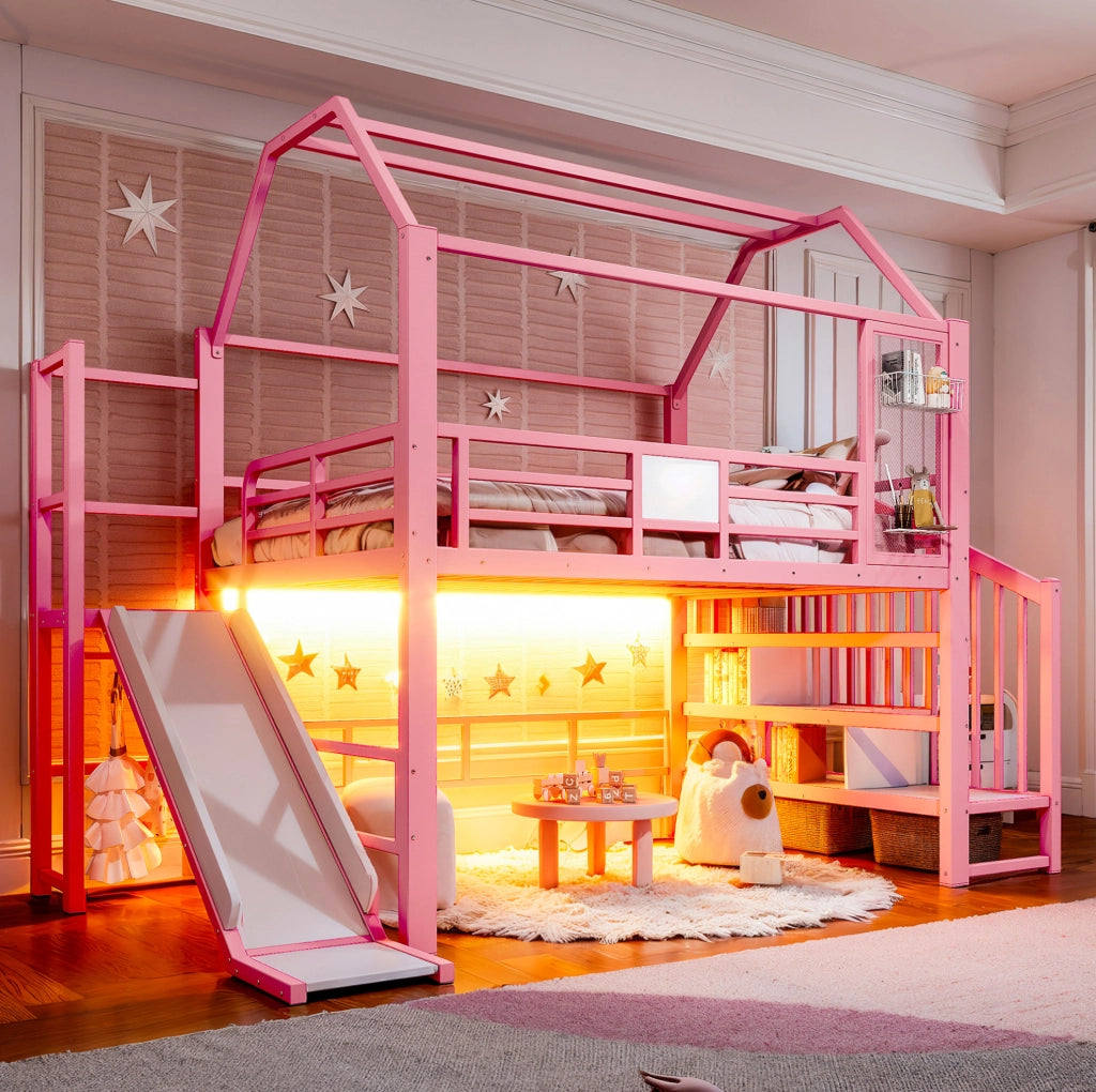 LETTO A CASTELLO Casa 140x200 cm Rosa in MDF e Metallo con Scivolo e LED Bluetooth