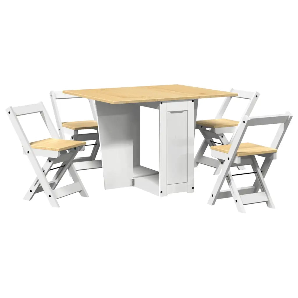 Set da Pranzo 5 pz Corona Pieghevole Bianco in Legno di Pino