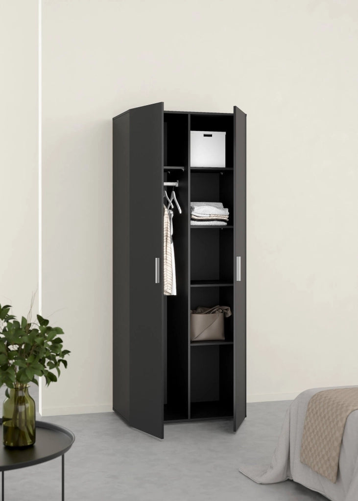 Armadio Camera da Letto Argor, Guardaroba 2 Ante Appendiabiti, 78.7x200.9h cm Nero