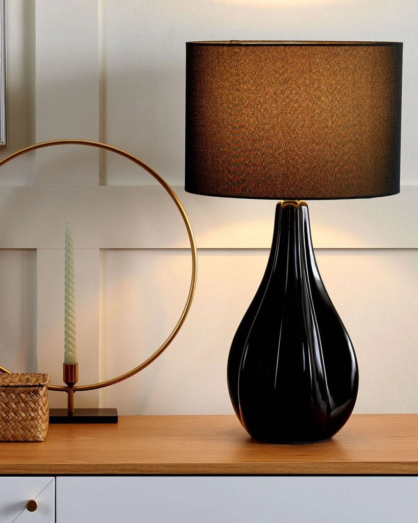 Lampada da Tavolo in Porcellana Nera Finta Seta Paralume Tamburo 60H cm Glamour Soggiorno
