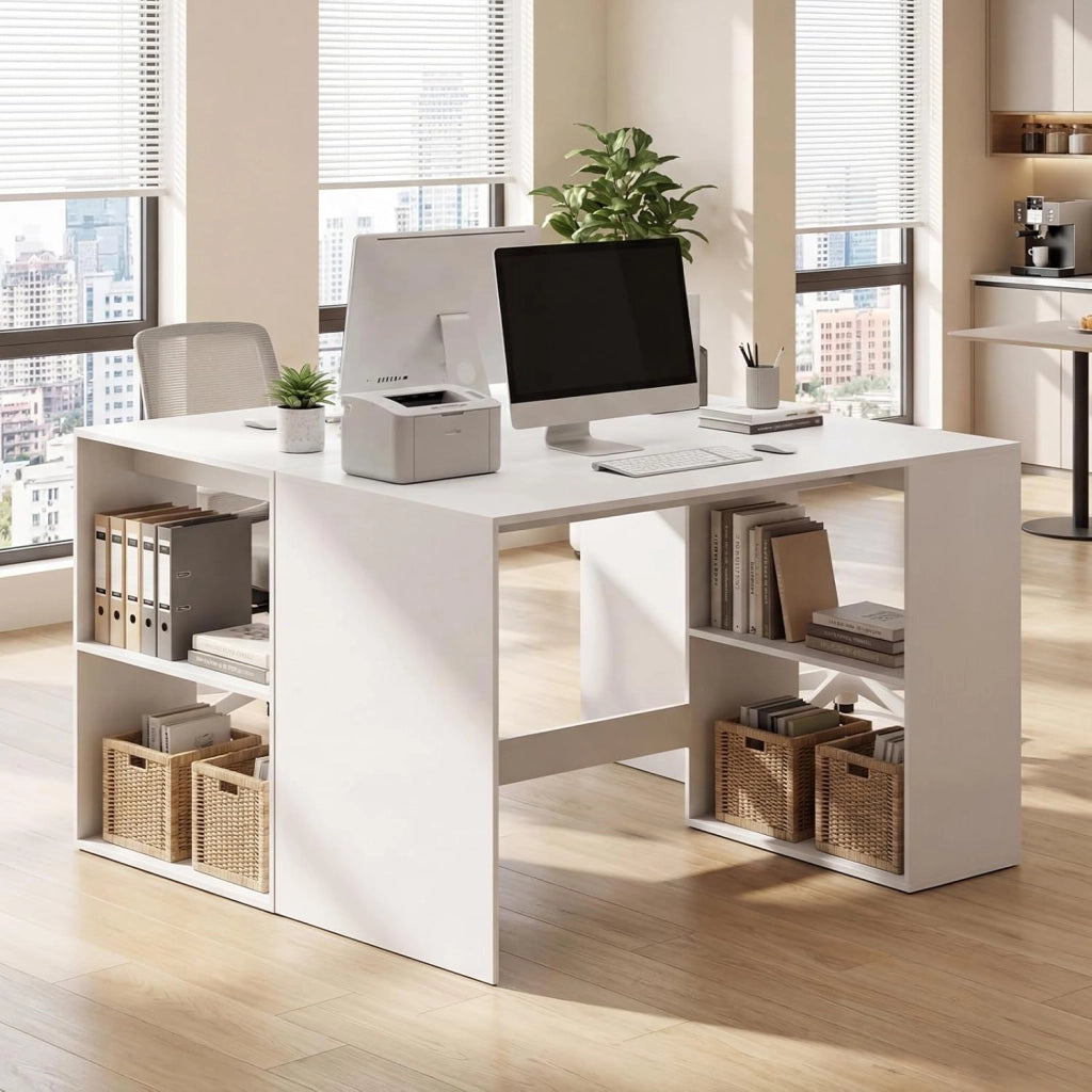 Scrivania Ufficio con Libreria Laterale a 2 Ripiani e Ampio Piano, 112 x 60 cm Scrivania Gaming in Legno, Scrittoio per Computer Salvaspazio per Studio, Soggiorno e Ufficio (Bianco)