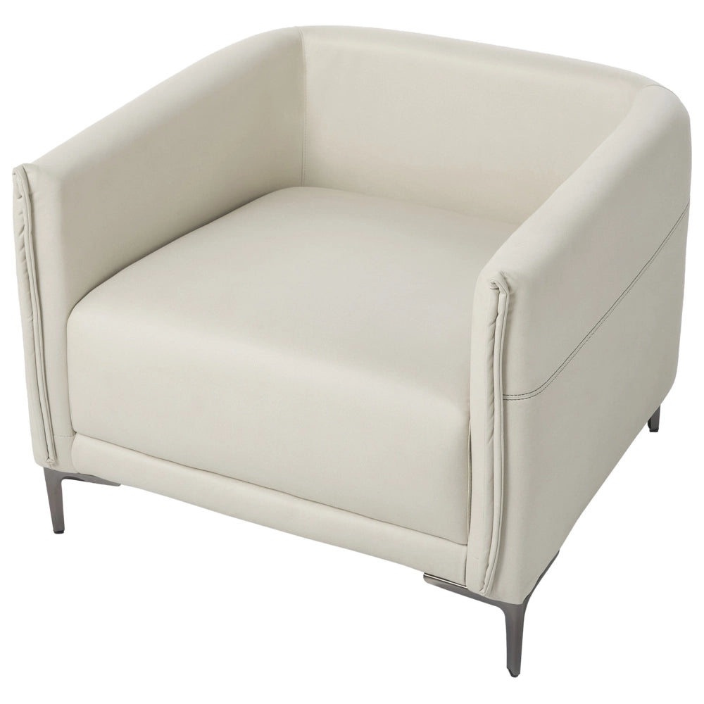 Poltrona beige chiaro imbottita in tessuto con gambe in metallo stile moderno minimalista