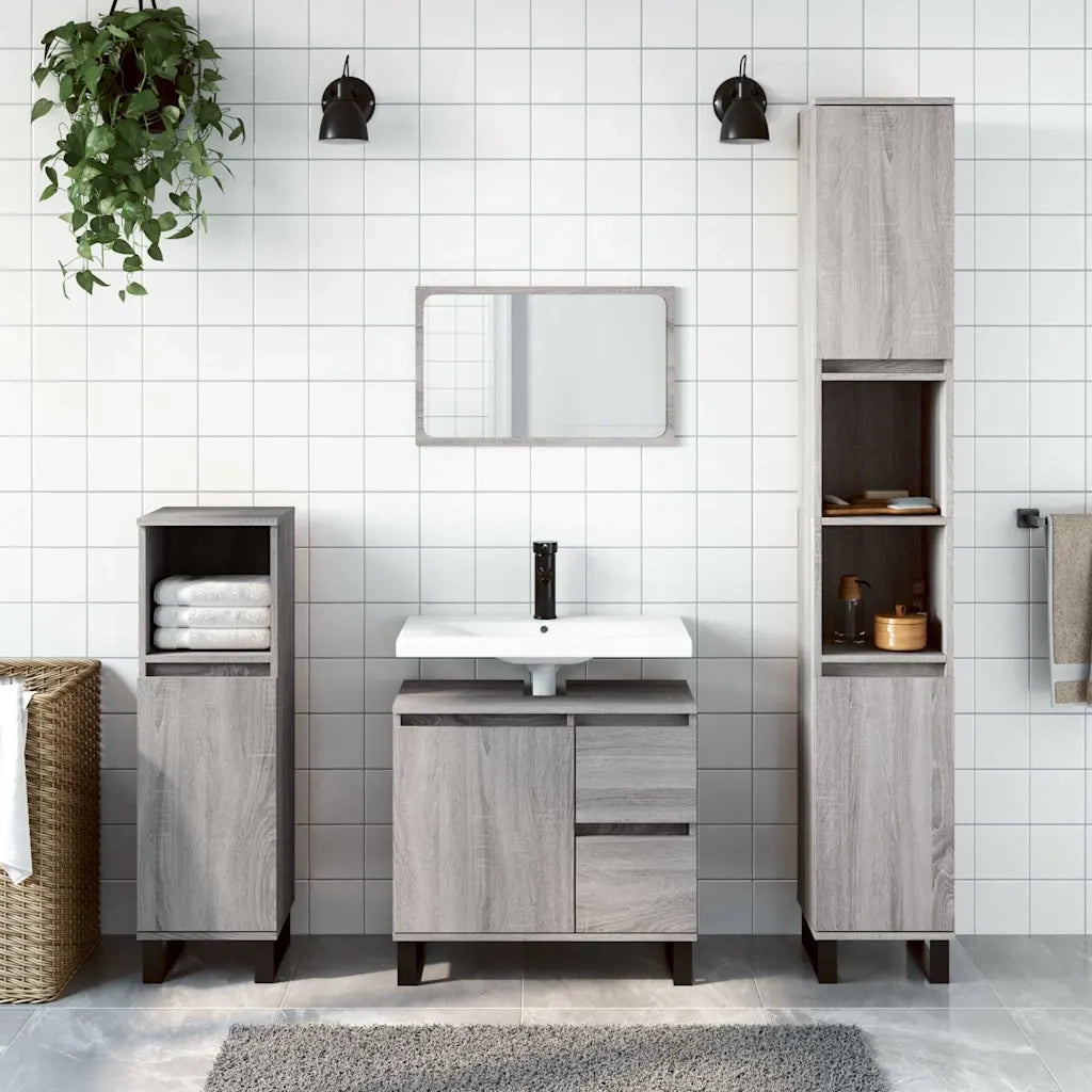 Set Mobili da Bagno | Armadio da bagno 3 pz Grigio Sonoma in Legno Multistrato