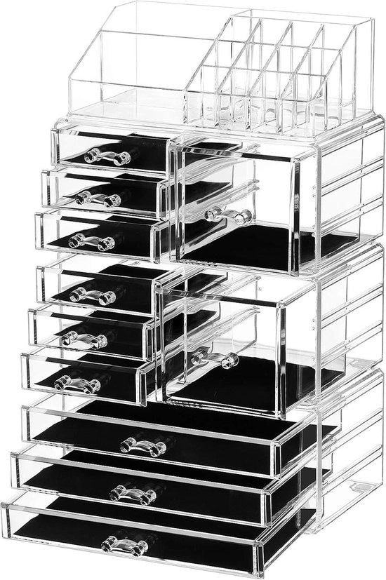 Organizzatore di trucco XXL con 11 ante e 15 cassette - trasparente JKA017TP