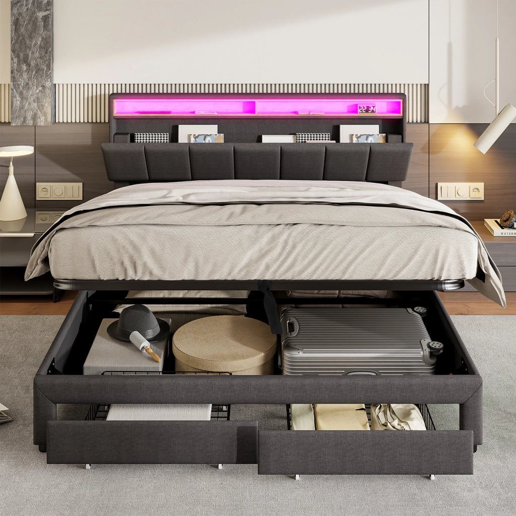 Letto matrimoniale contenitore 160x200 cm con testiera imbottita LED e porta USB cassetti e rete a doghe in lino-grigio