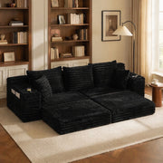 Divano modulare con tasche laterali e portabicchieri in velluto a coste nero 273 × 98 × 87 cm