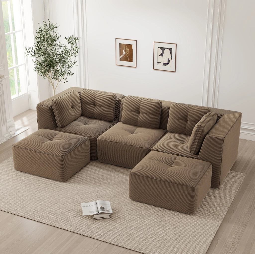 Divano angolare modulare 297x177x69 cm in velluto a coste marrone; seduta profonda