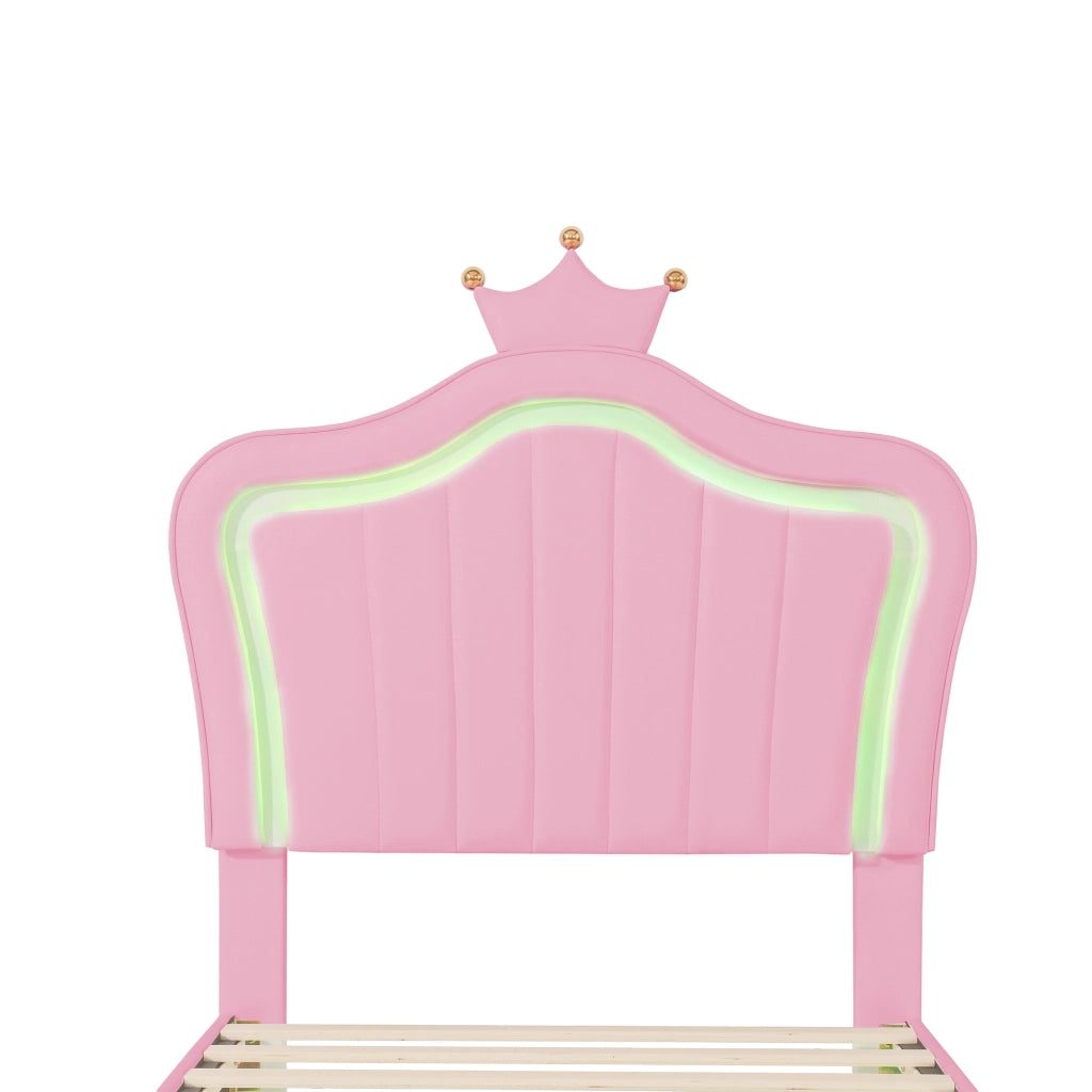 Letto Imbottito per Bambini con LED ¨C MINIMAL ¨C Rosa, PU, Rete a Doghe, 90x200