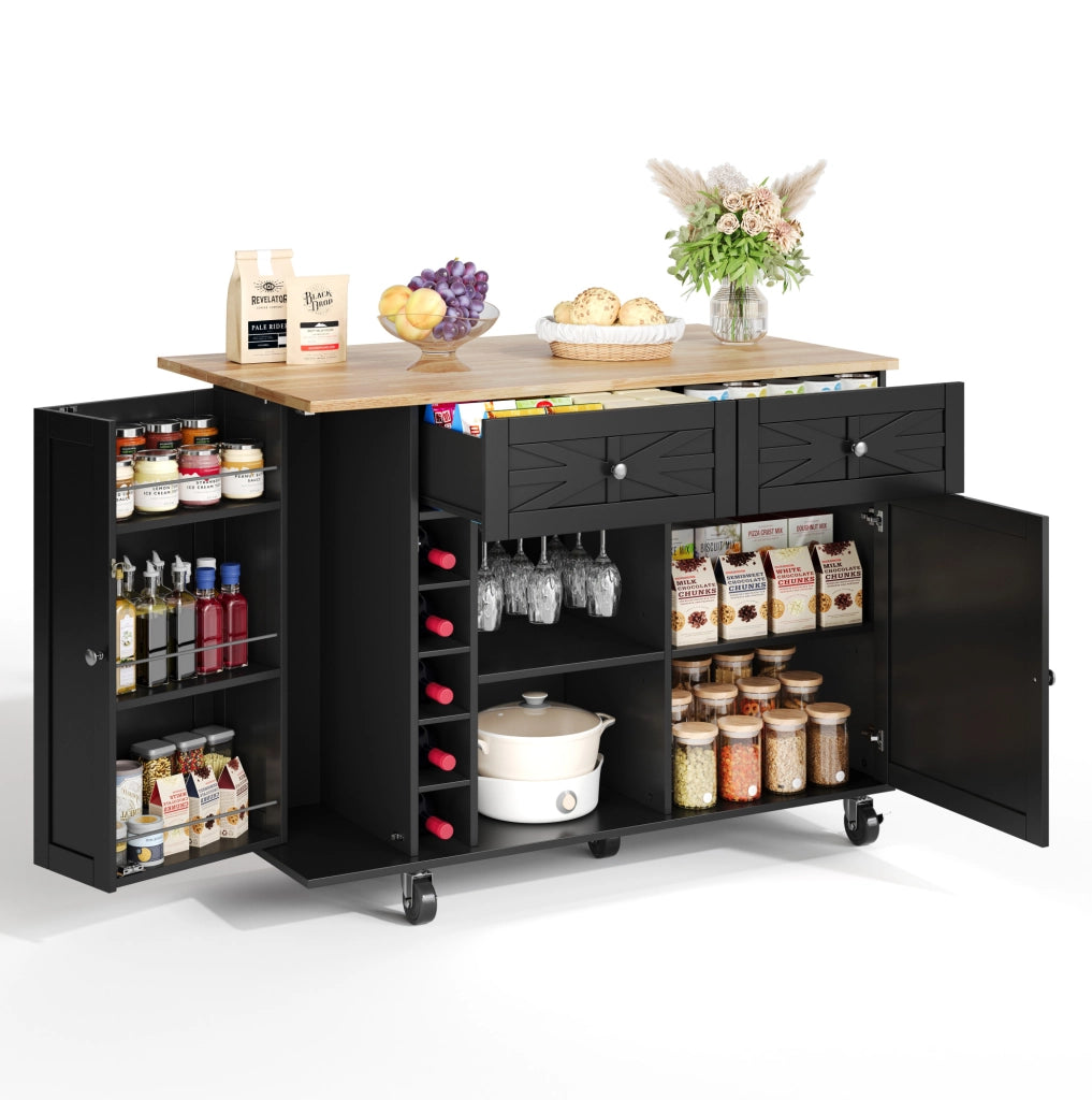 Carrello isola cucina 120x45(70)x89 cm con piano pieghevole in MDF nero