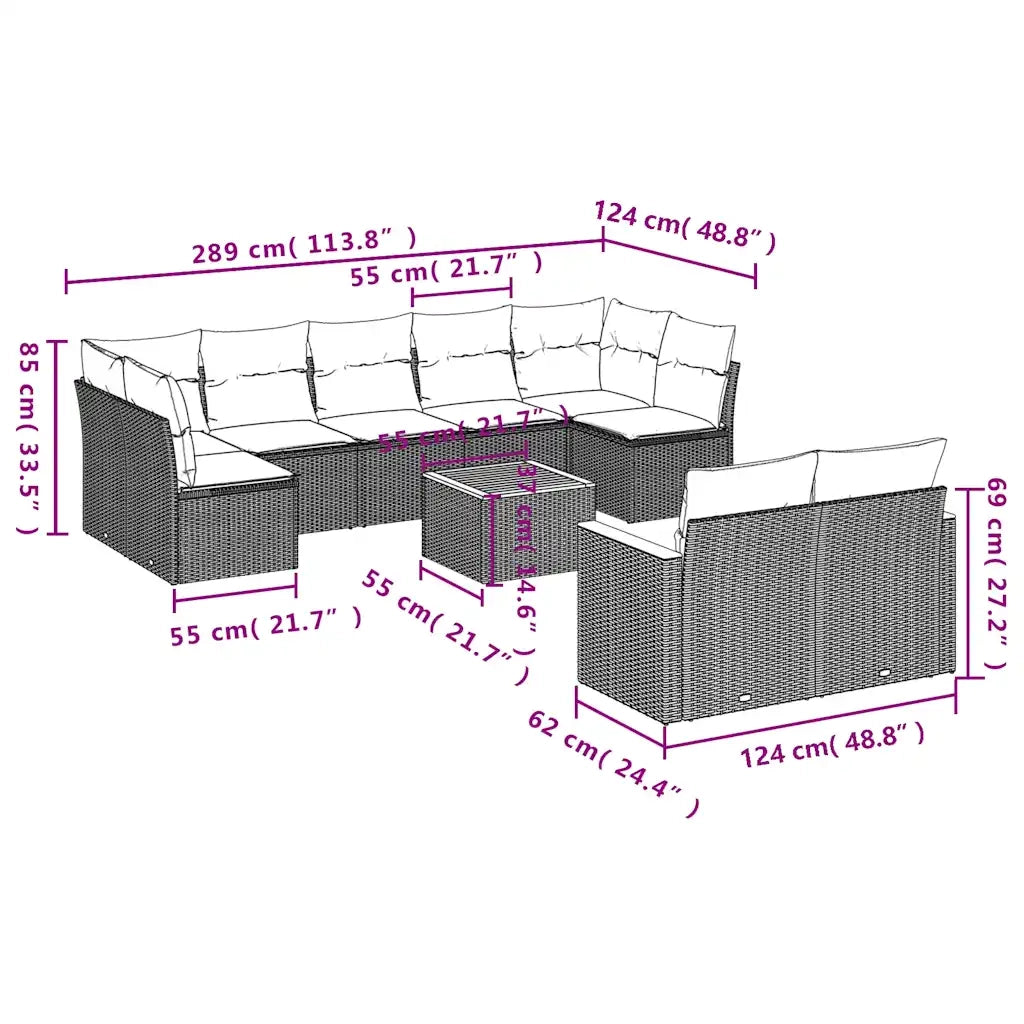 Set Divani da Giardino 10 pz con Cuscini Nero in Polyrattan 3226295