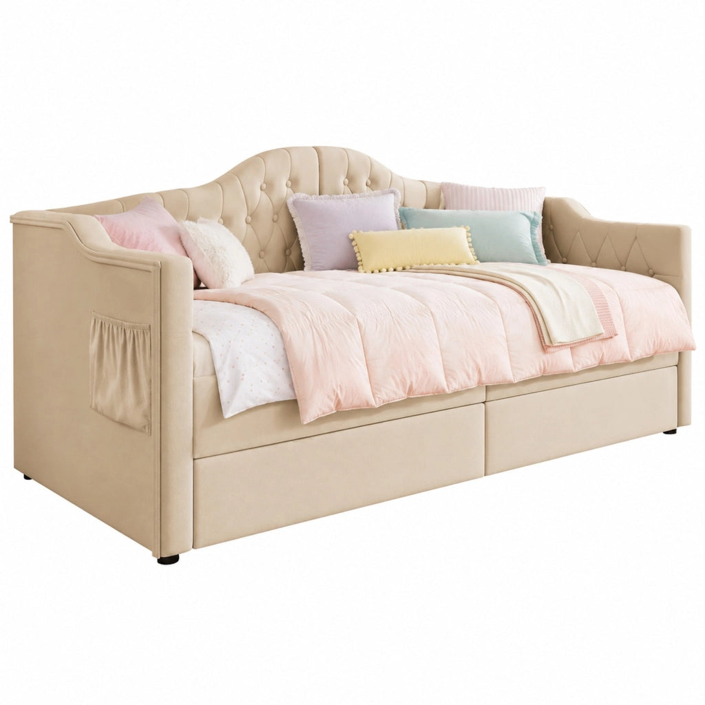 Letto daybed imbottito con USB e Type C; 2 cassetti; 90x200 cm; velluto beige