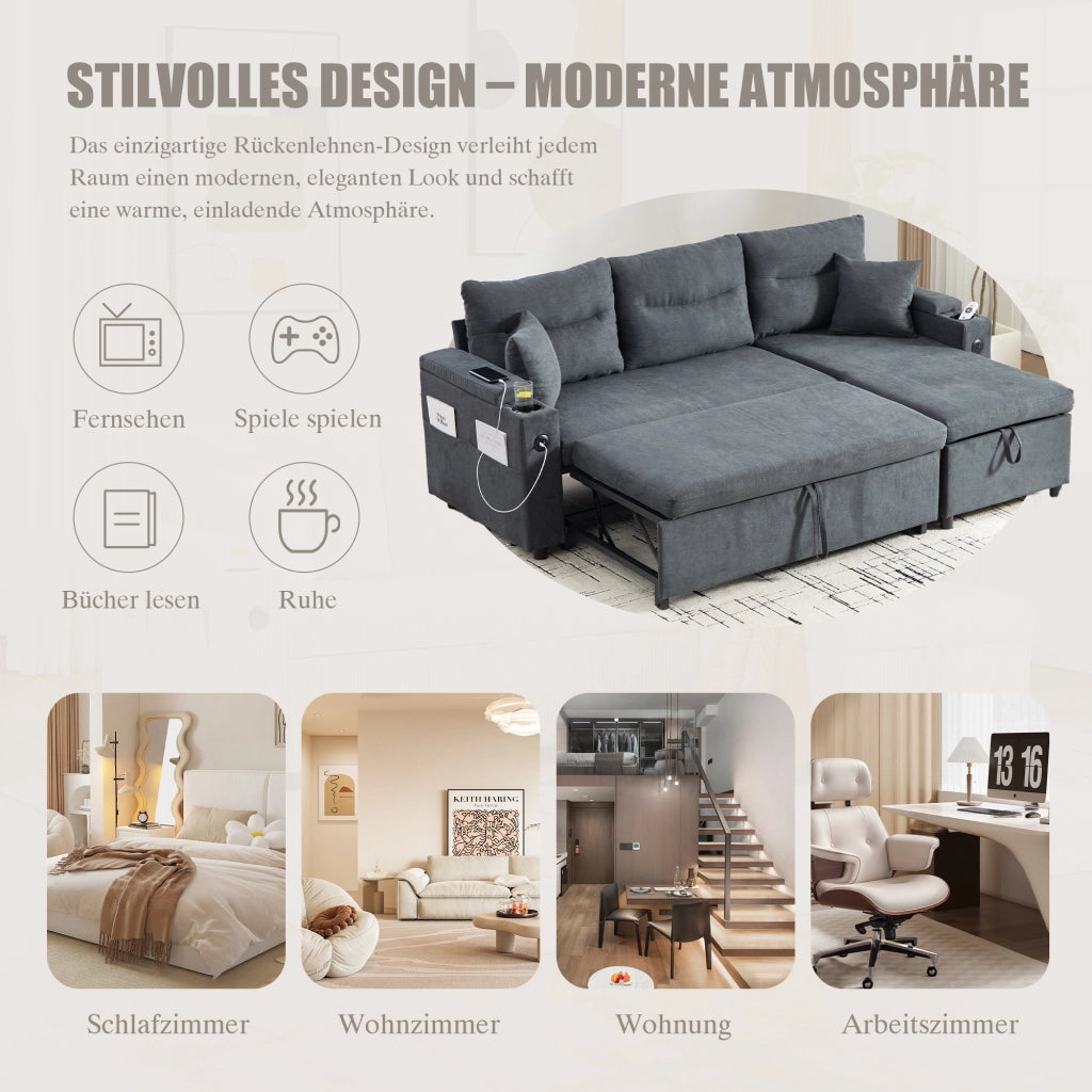 DIVANO 3 posti 212,5x136x86 cm Grigio Scuro in lino con chaise longue e letto estraibile