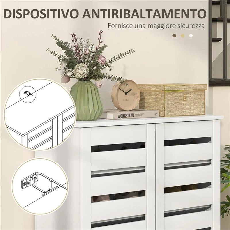 MOBILE SCARPIERA A 5 LIVELLI CON 4 RIPIANI REGOLABILI E ANTE A DOGHE IN LEGNO 76X33PX98 CM BIANCO