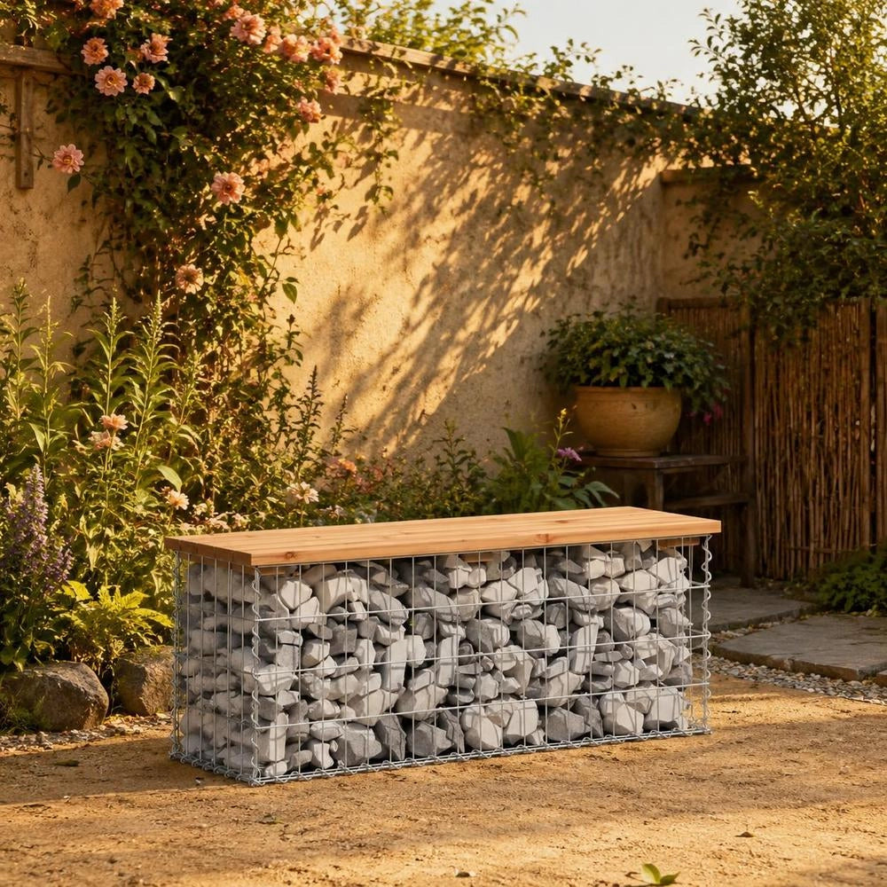 Garden Bench Made Of Gabions, 103x31.5x42 Cm, Solid Pine Wood