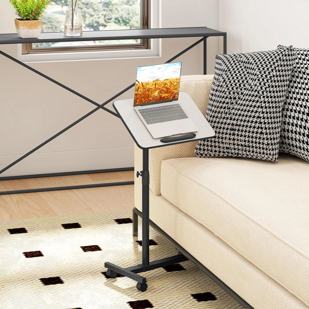 Tavolino Servitore con Altezza Regolabile, Ruote Bloccabili, Piano Girevole a 360° e Inclinabile con Fermo Bordo, Tavolino a Forma di C per Soggiorno, Camera da Letto e Studio (Grigio)