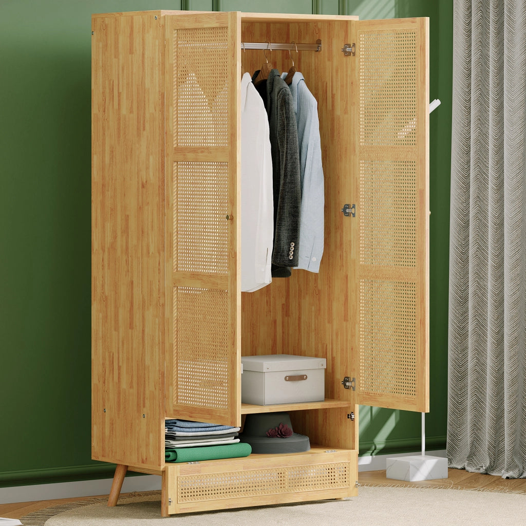 Armadio a 2 ante con barra appendiabiti e vano inferiore ribaltabile per camera da letto e soggiorno naturale 90 × 45 × 183 cm