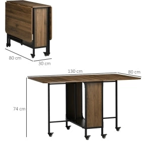 Tavolo da pranzo pieghevole 130x80x74 cm con ruote; ripiano centrale in legno marrone