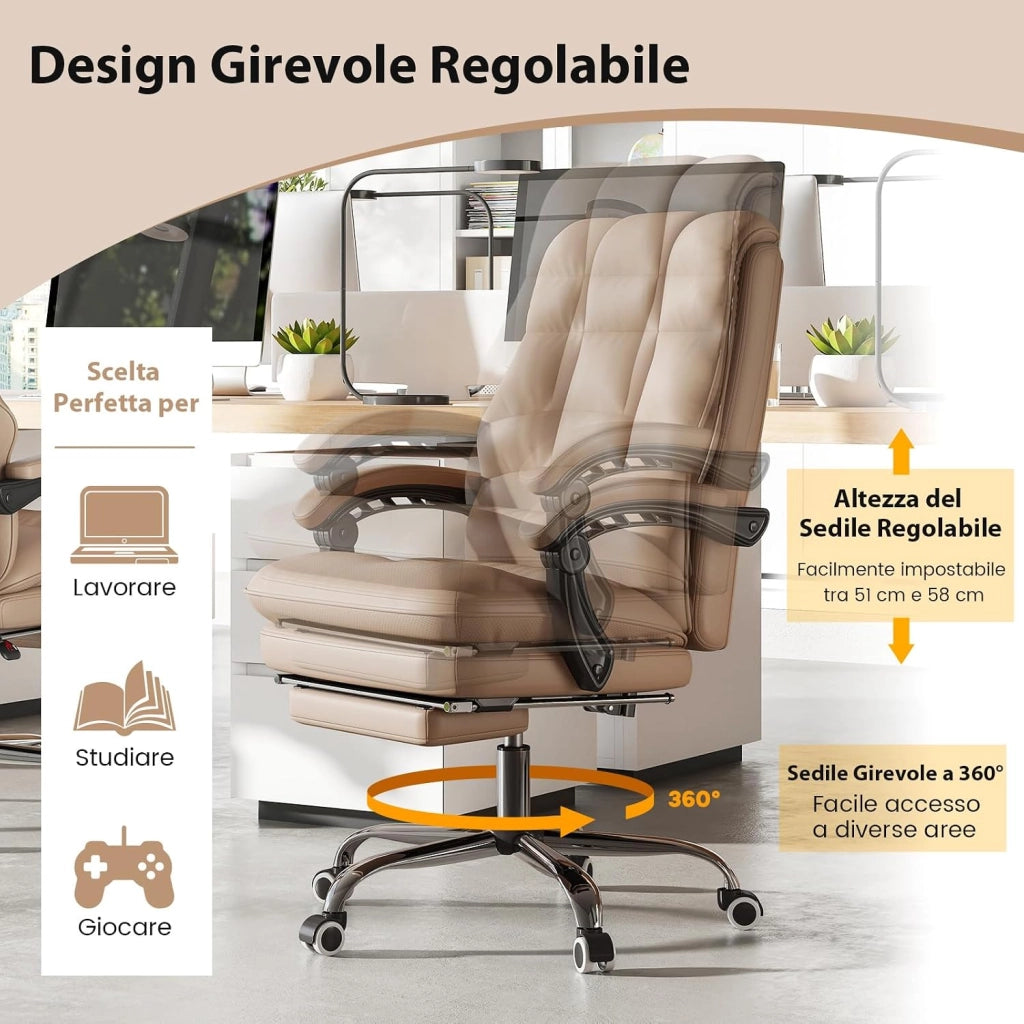 Sedia da Ufficio Ergonomica, Sedia per Computer con Sedile Girevole Regolabile, Schienale Reclinabile, Braccioli Collegati e Poggiapiedi Retrattile, Portata 136 kg