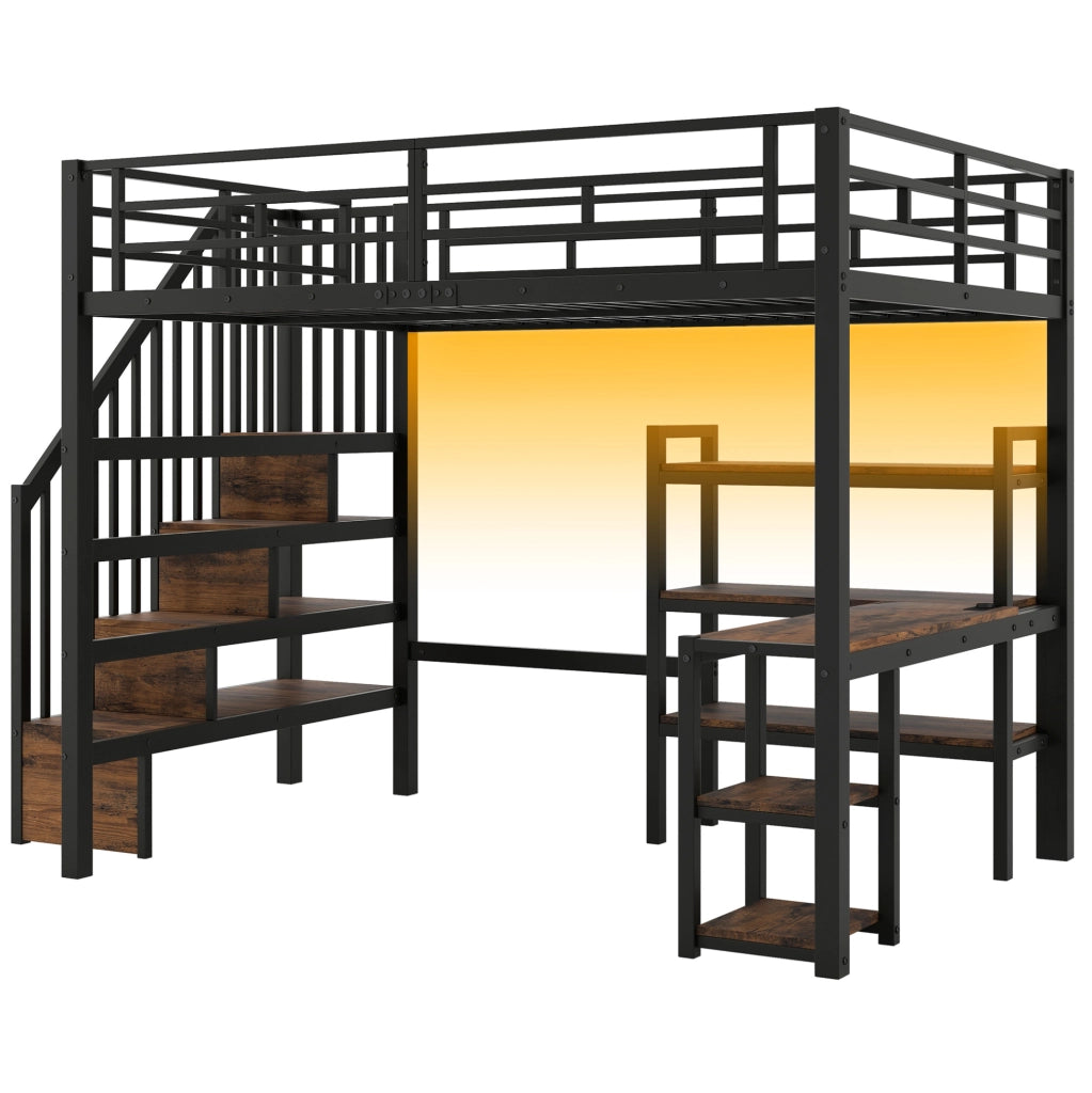 Letto a soppalco matrimoniale 140x200 cm con scrivania; scale contenitore; LED; nero