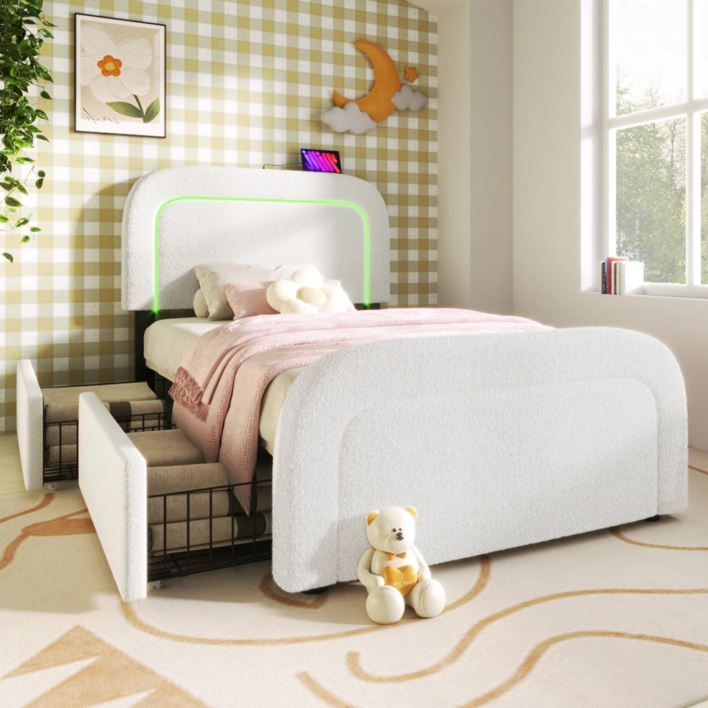 Letto imbottito 90x200 cm in Sherpa bianco con USB Type-C; LED e 2 cassetti; con materasso