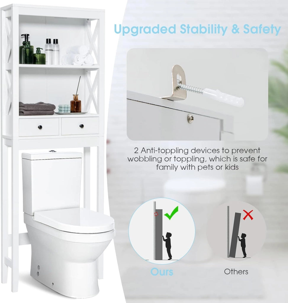 Scaffale per WC, in legno, per lavatrice, salvaspazio, sottile, 2 cassetti e 2 ripiani, colore: bianco