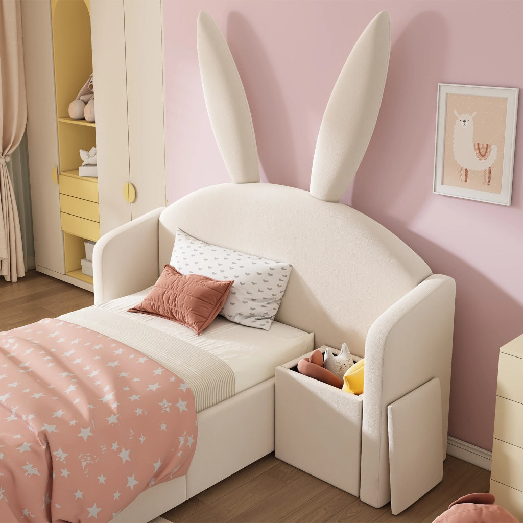 DESMIU Letto per bambini 90 × 200 cm 1 posto con vano idraulico e comodino, senza materasso, beige