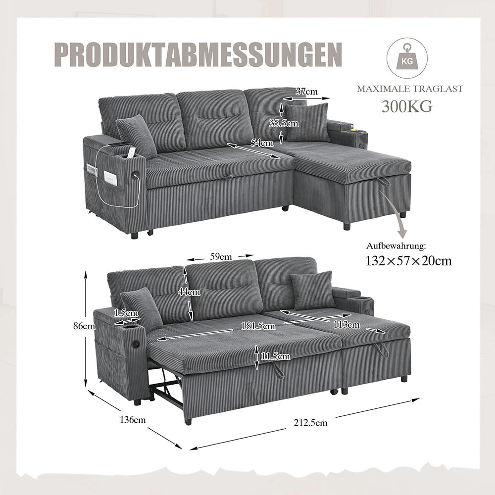 Divano moderno 3 posti - Xylo - Velluto costato, spazio di archiviazione, porta bevande, USB-C, chaise longue idraulica, letto a cassetti