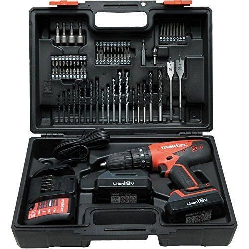 Makita 8951237 Maktec MT081X100 Trapano a Batteria con Percussione 18V Li-ion Mandrino Autoserrante 13 mm 2 Batterie 1,3 Ah 74 Accessori in Valigetta colore Nero