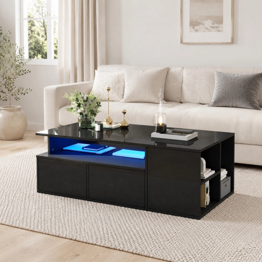 Tavolino da caffè rettangolare con 2 cassetti, LED, 3 livelli e vano laterale per soggiorno, nero, 100 × 50 × 35 cm
