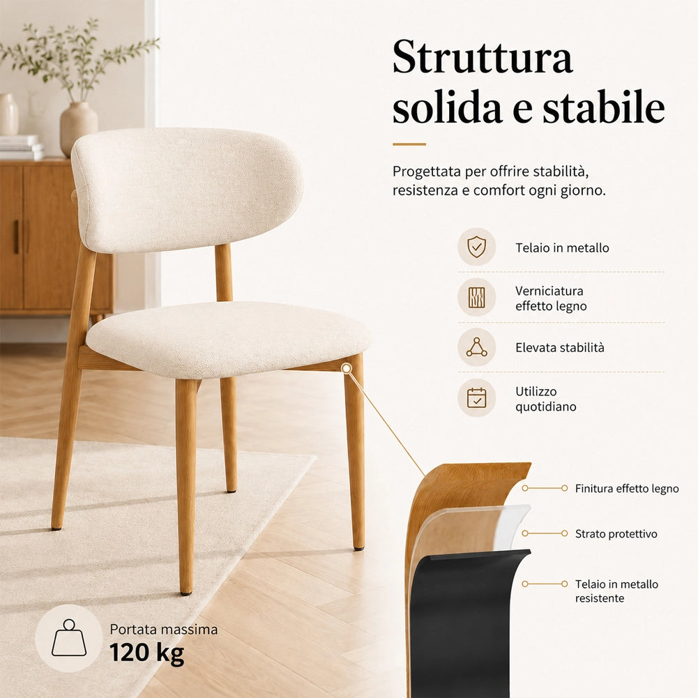 Set 4 Sedie da Pranzo con Gambe in Metallo Effetto Legno e Seduta Tessuto Beige