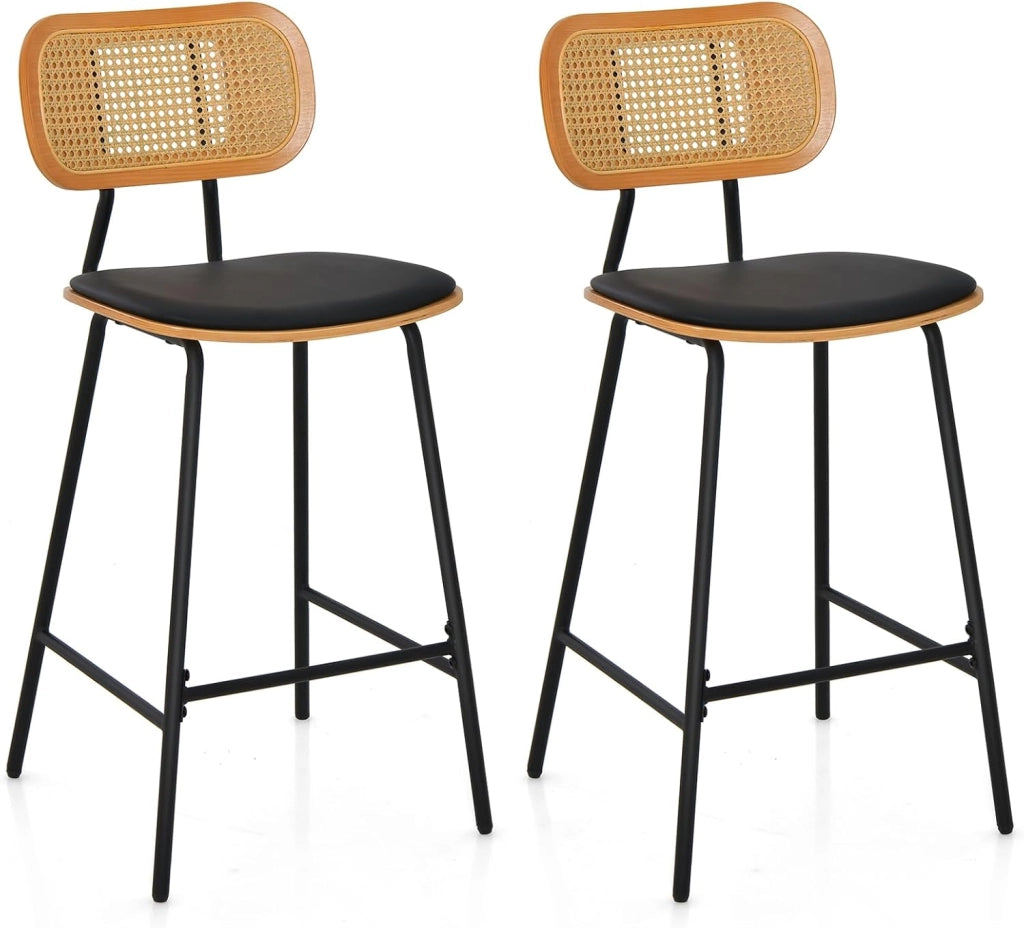 Set di 2 Sgabelli da Bar in Rattan, Sgabelli da Bar con Gambe in Metallo e Schienale in Rattan, Set di 2 Sedie da Bar con Cuscinetti Regolabili, per Cucina, Soggiorno, Bar