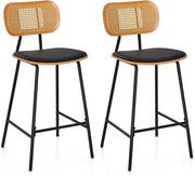 Set di 2 Sgabelli da Bar in Rattan, Sgabelli da Bar con Gambe in Metallo e Schienale in Rattan, Set di 2 Sedie da Bar con Cuscinetti Regolabili, per Cucina, Soggiorno, Bar