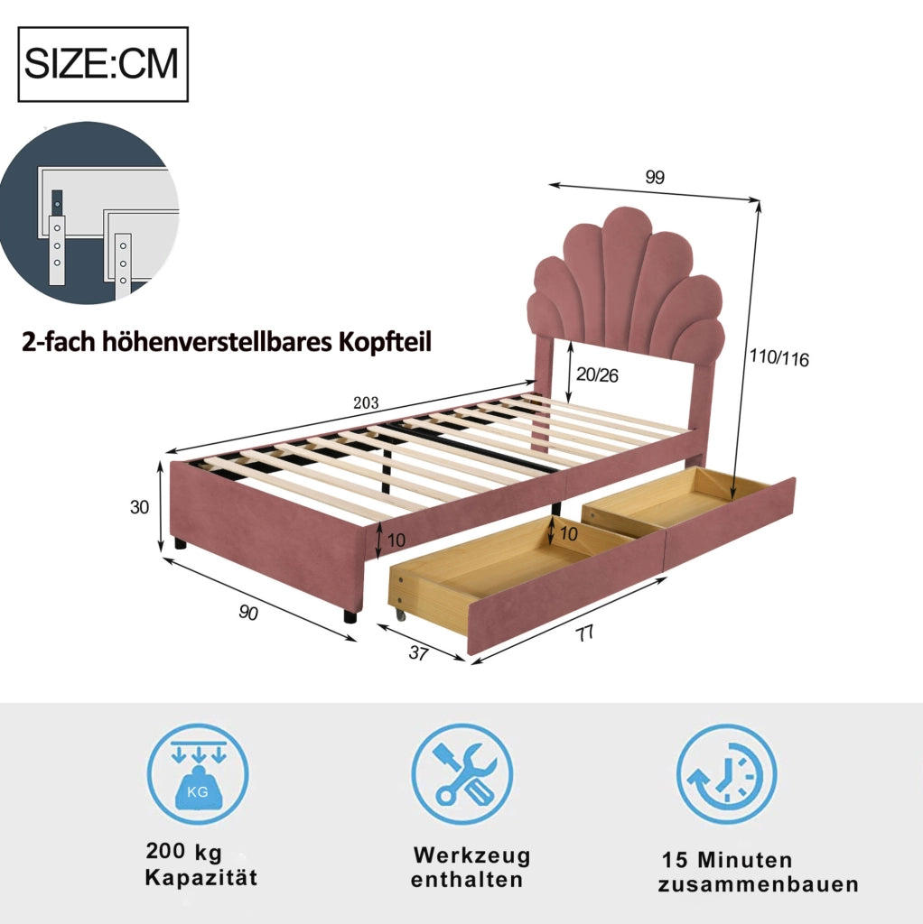 Letto imbottito 90x200 cm; 2 cassetti; velluto; rosa (Senza materasso)