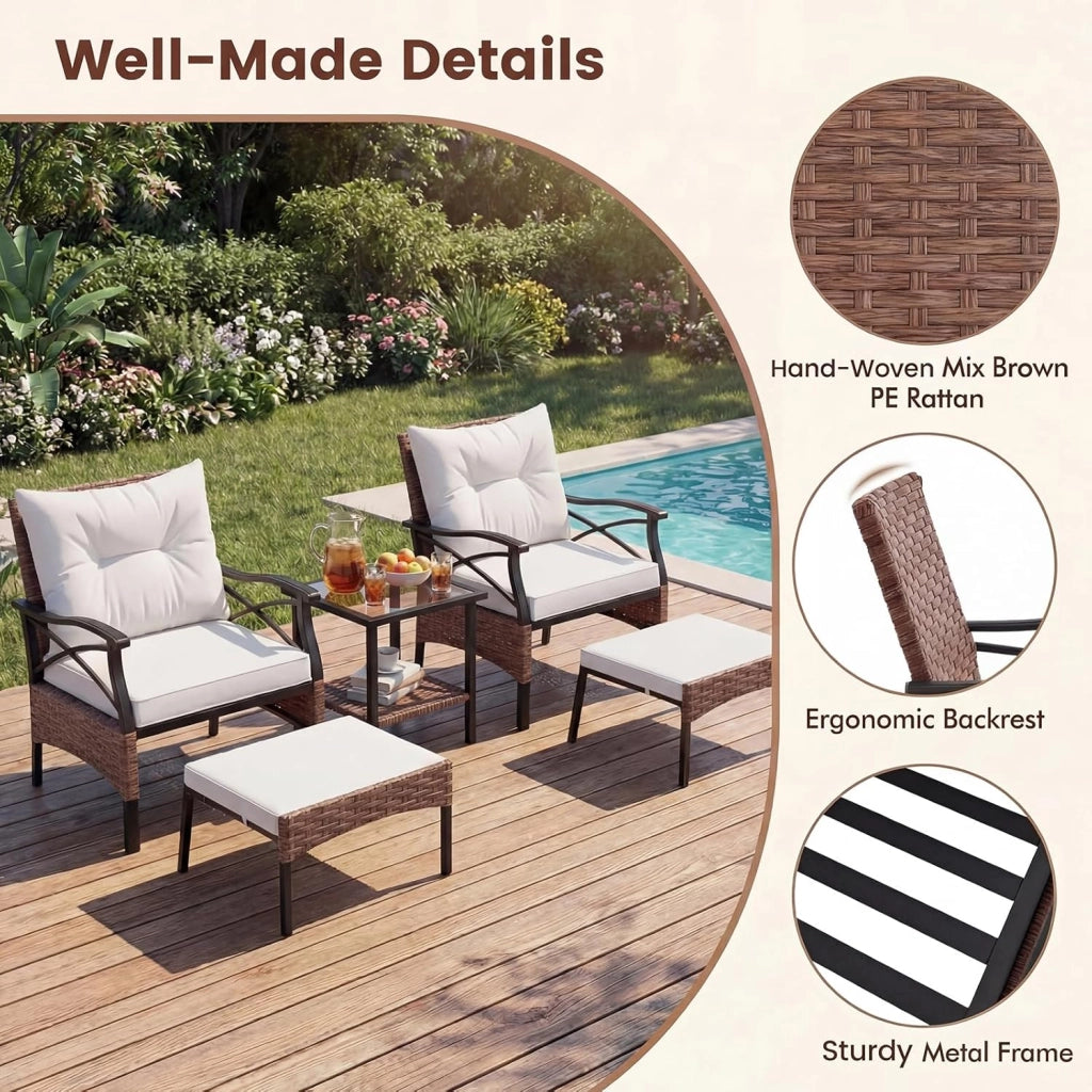 Set di mobili da giardino in rattan, per balconi, balconi, terrazze, 2 poltrone con sgabello, con cuscino, set di mobili da balcone per 2 persone (Beige)