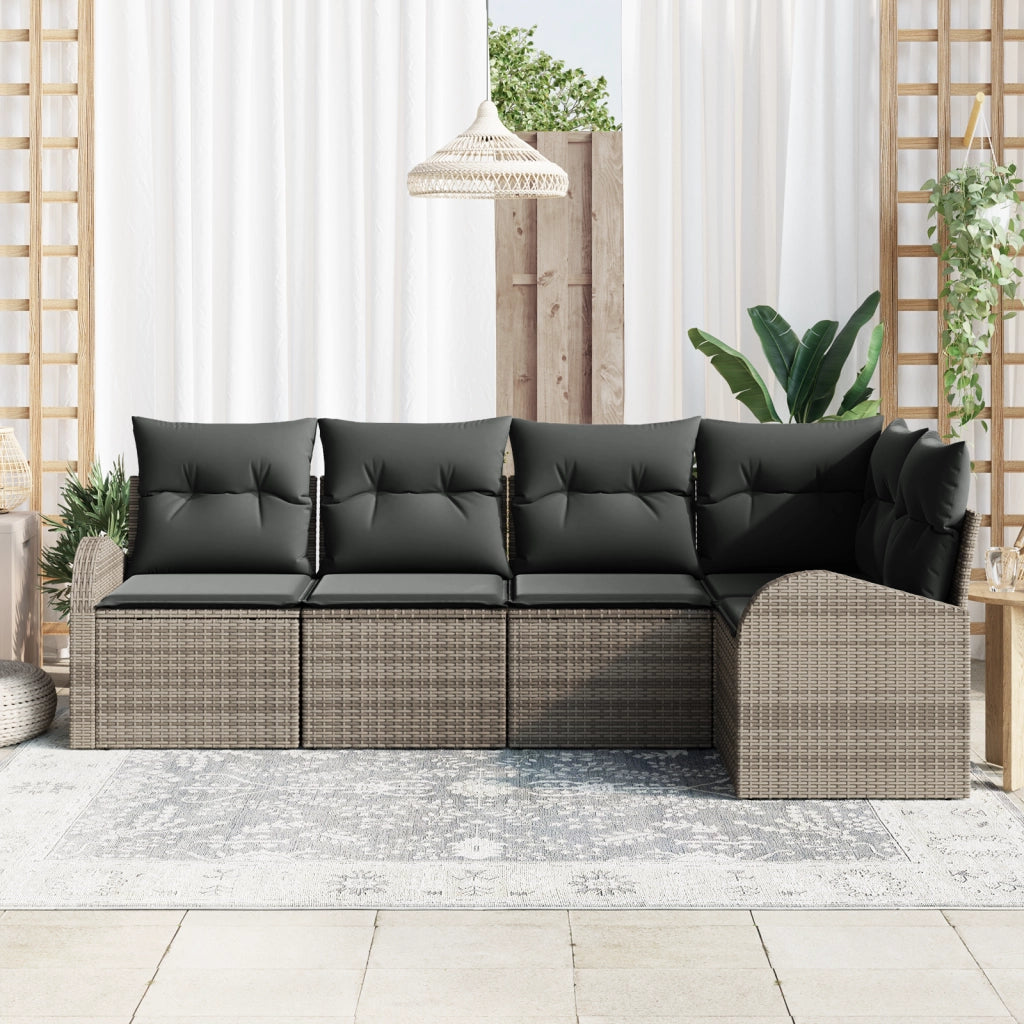Set Divano da Giardino da 5 Pezzi con Cuscini Grigio in Polirattan