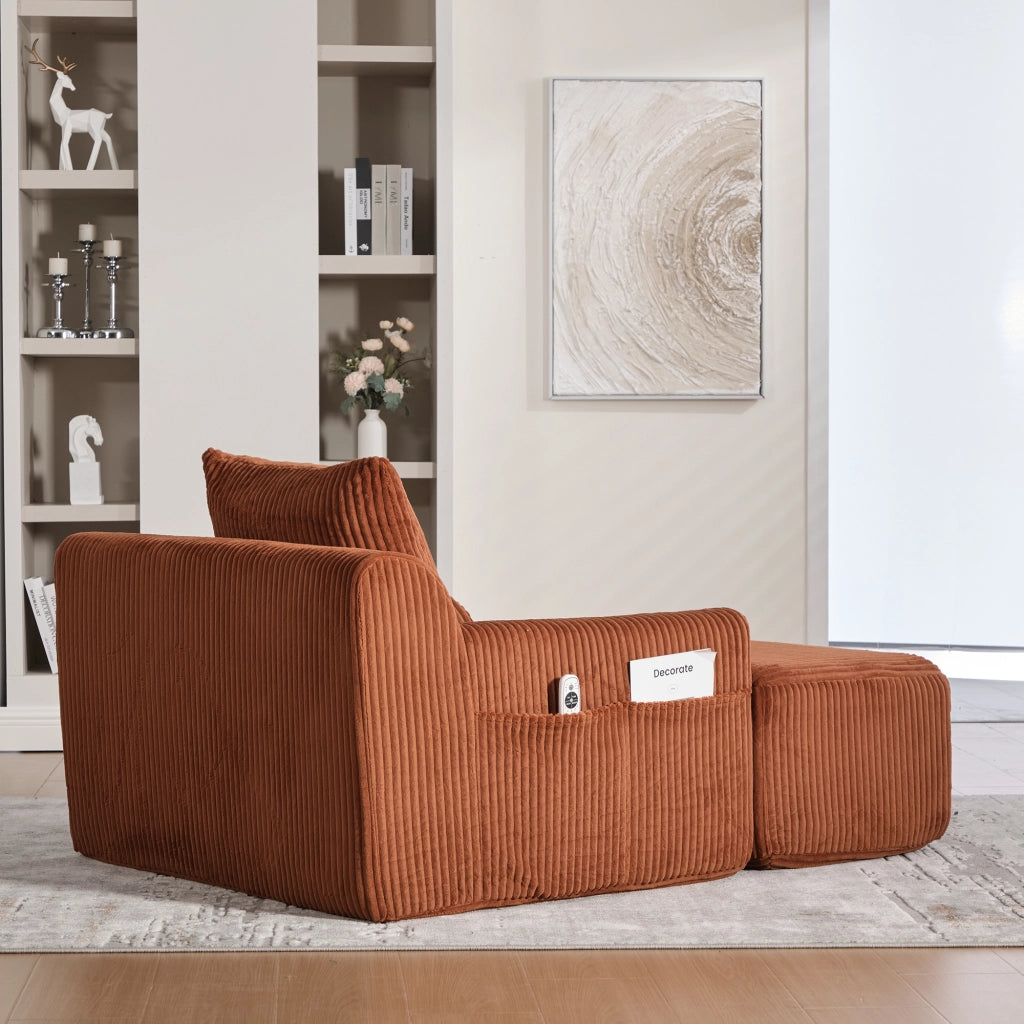 OKWISH Poltrona con Poggiapiedi, Seduta Profonda con Tasche Laterali e Cuscino, Velluto a Coste Arancione 147 × 110 × 67 cm