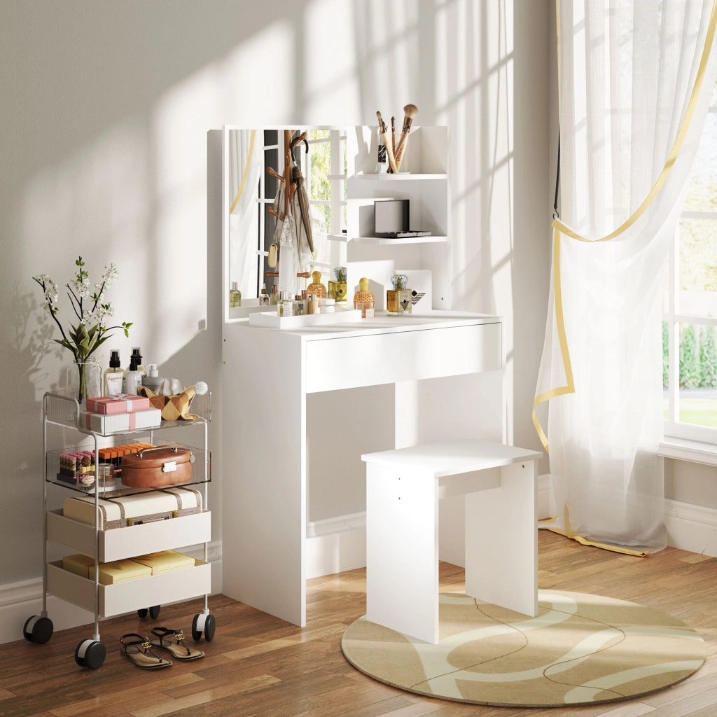 Tavolo da Trucco a 3 Ripiani e Cassetti con Specchio e Sgabello, in Truciolato, 75x40x137 cm, Bianco
