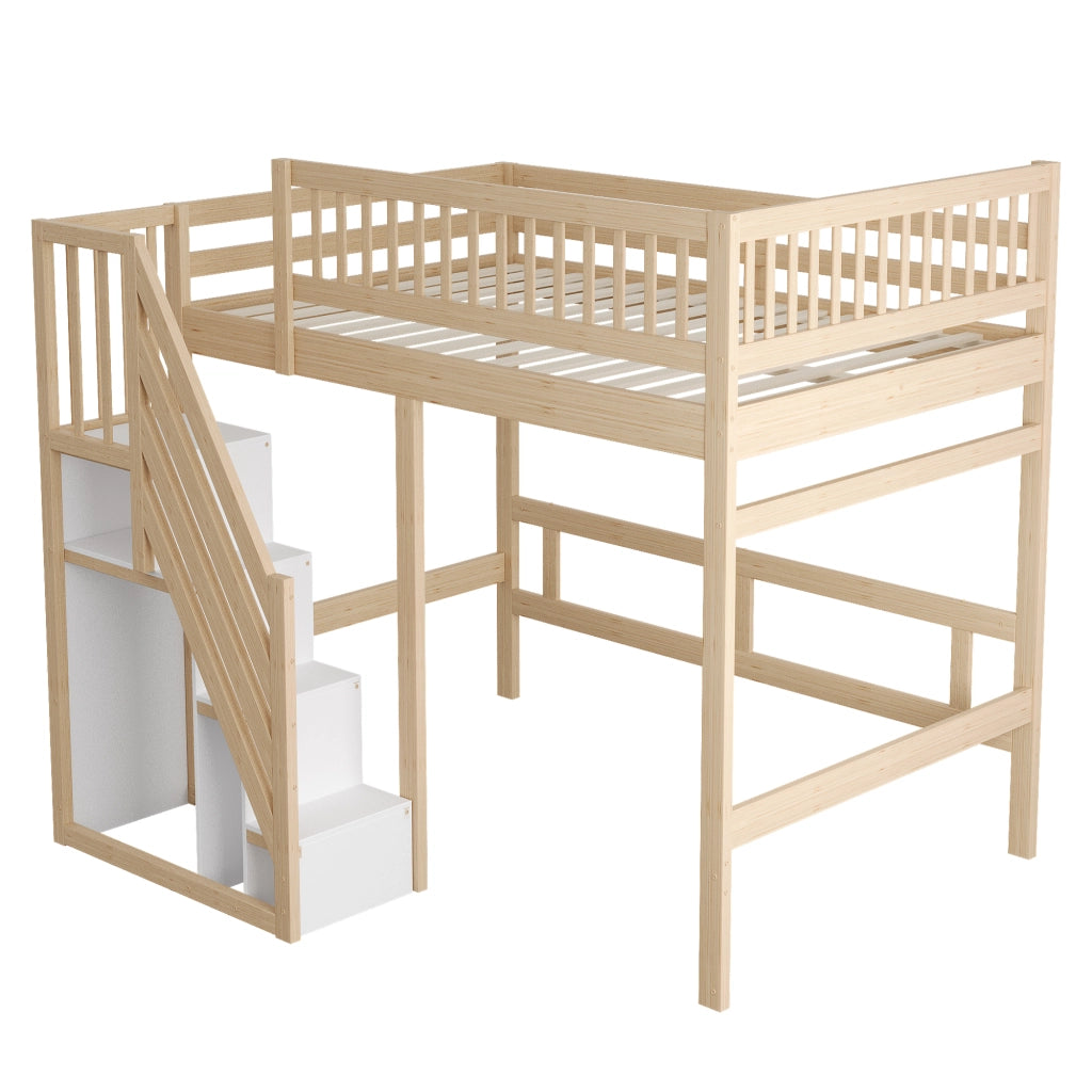 Letto in legno massello naturale con scala e vano contenitore altezza parapetto 140x200 cm