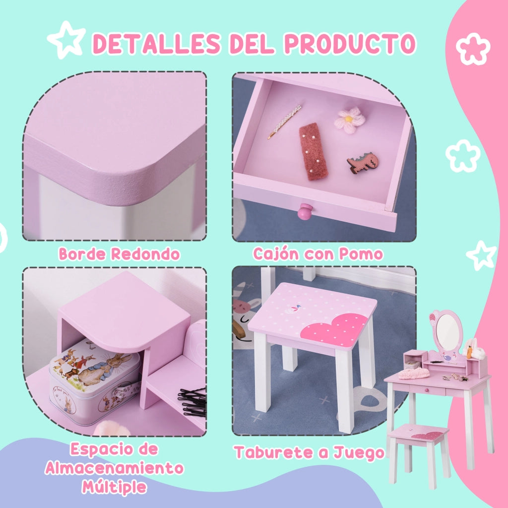 Tocador Principessa con Specchio e Sgabello per Bambine ¨C zephmum ¨C Legno Rosa 60x34x93 cm