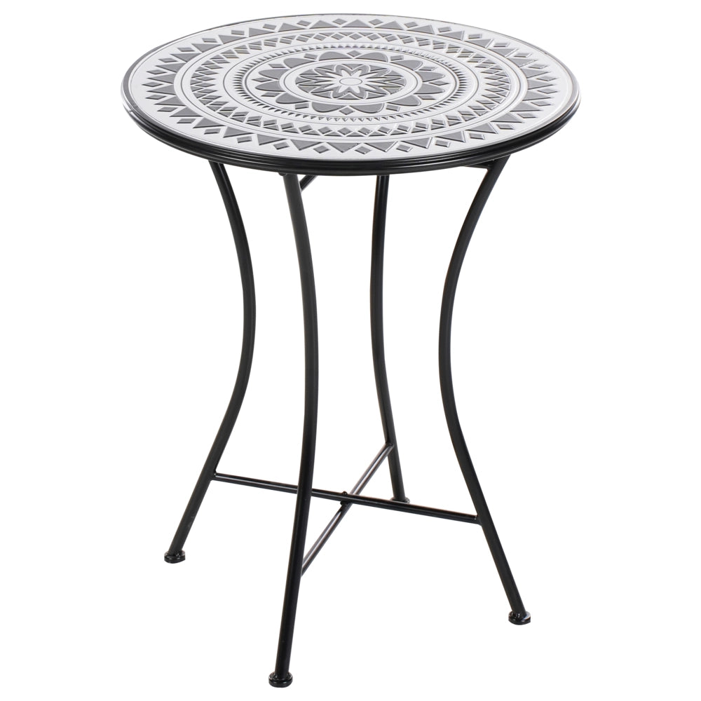 Set da balcone con tavolo e sedie pieghevoli in metallo e piastrelle in ceramica bianca e nera