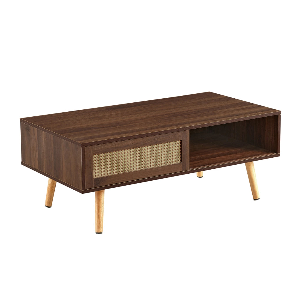 Tavolino da caffè con porta scorrevole in rattan; gambe in legno; MDF marrone