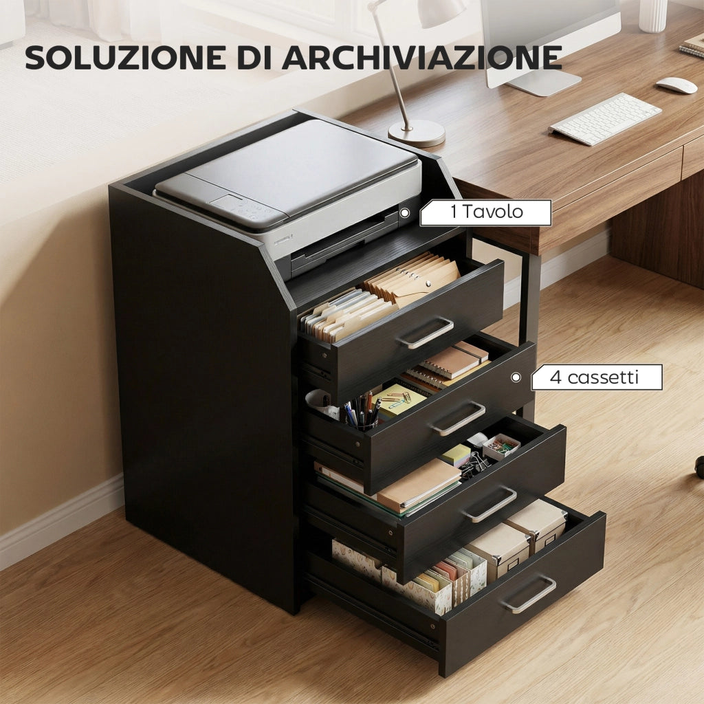Cassettiera da Ufficio 40x36x65 cm con 4 Cassetti e Ripiano per Stampante su Ruote in MDF Nero