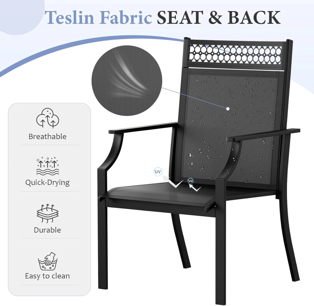 Set di 4pcs sedie da giardino con seduta allargata, in tessuto Teslin, traspiranti, ad asciugatura rapida, per esterni, portata fino a 120 kg, per giardino, terrazza, balcone, piscina (nero)