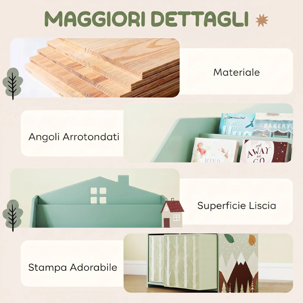 Libreria per Bambini a 3 Livelli con Cassetti e Scaffali, in Legno e Tessuto, 62.5x30x91.5 cm, Verde